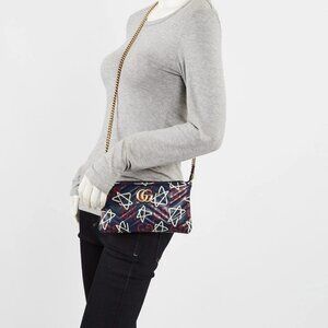 Gucci Blue Ghost Print Quilted Leather Marmont Metalasse Zip Pochette Crossbo